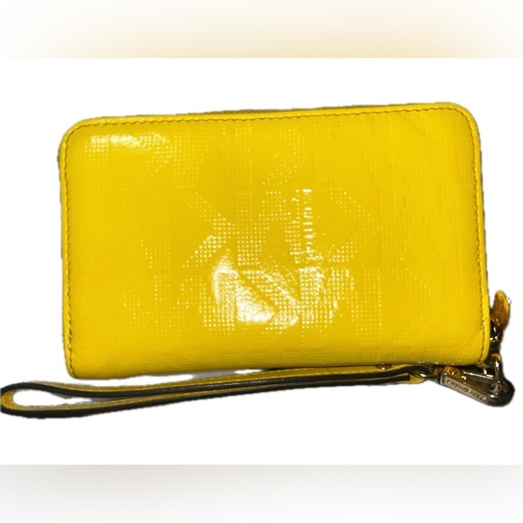 Michael Kors Women’s Patent Leather Monogram Wallet Wristlet W/ Strap, Yellow - Picture 3 of 11